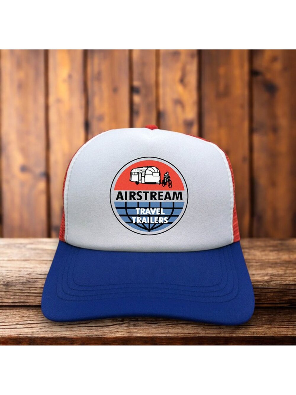 Retro Airstream Travel Trailer Mens Trucker Hat Blue Snapback RV Baseball Cap